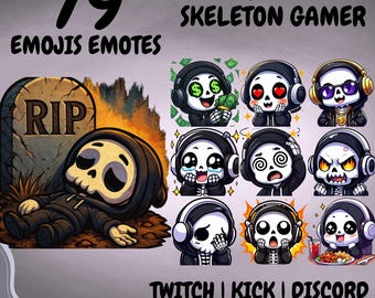Puede incluir: Una colección de 79 emojis y emotes de esqueleto gamer chibi para Twitch, Kick y Discord. Los gráficos muestran un personaje esqueleto con sudadera negra y auriculares en varias expresiones, incluyendo uno junto a una lápida marcada con RIP.