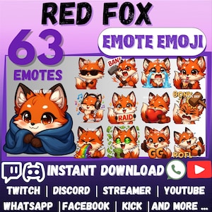 以下が含まれることがあります： 赤狐の絵文字が63個描かれたデジタルグラフィック。絵文字は、サングラスをかけたり、ハンマーを持ったり、泣いたりするなど、さまざまな表情やアクションを示しています。「RED FOX」、「EMOTE EMOJI」、「INSTANT DOWNLOAD」という文字が含まれています。