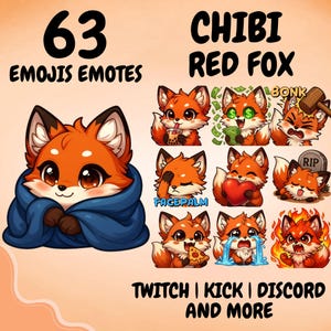May include: A digital collection of 63 Chibi Red Fox emoji emotes for Twitch, Kick, and Discord. The set features a central fox wrapped in a blue blanket, surrounded by various expressions including drinking boba, holding money, crying, eating pizza, and being on fire.