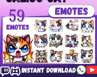 May include: A digital collection of 59 calico cat emotes featuring various expressions and activities. The graphic includes text reading CALICO CAT EMOTES, 59 EMOTES, INSTANT DOWNLOAD, TWITCH, DISCORD, STREAMER, YOUTUBE, WHATSAPP, FACEBOOK, AND MORE.