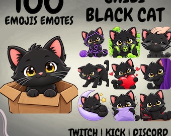 May include: A digital collection of 100 chibi black cat emojis and emotes featuring various expressions and activities, including a cat in a cardboard box, a cat with a gas mask, a cat holding a heart, and a cat sleeping on a crescent moon.
