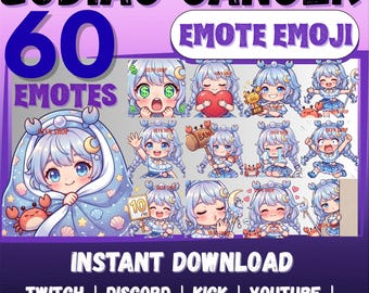 MEGA 60 Emote Emoji Bundle Chibi Zodiac Cancer Girl for Twitch, Discord, Kick, YouTube, Facebook, Whatsapp, etc | Cute Streamer chat Sticker