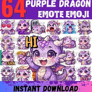 Puede incluir: Una colección de 64 emoticonos y emojis de dragón morado con diversas expresiones y acciones. El conjunto incluye etiquetas de texto como 64 PURPLE DRAGON EMOTE EMOJI, GG, RIP, HI, LURK, HYPE, BYE, INSTANT DOWNLOAD, TWITCH, DISCORD, KICK, AND MORE.