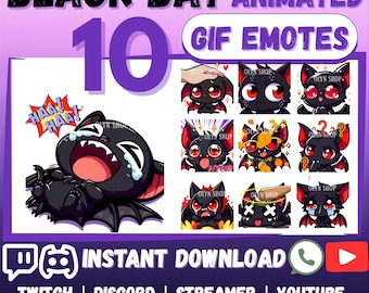 10x BLACK BAT ANIMATED Gif Emotes Pack for Twitch, Discord, Kick, YouTube, Facebook, Whatsapp, etc | Cute Chibi Cartoon Black Bat Sticker