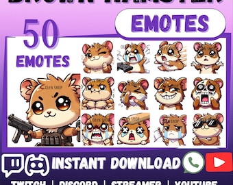 MEGA 50 Emote Emoji Bundle BROWN HAMSTER for Whatsapp | Twitch | Discord | YouTube | Facebook | Cute Kawaii Chibi Brown Hamster chat Sticker