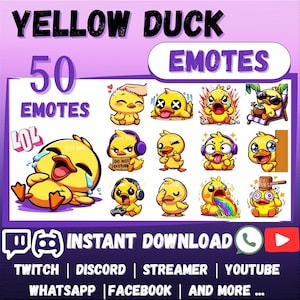 50x Yellow Duck EMOTES Pack Whatsapp | Twitch | Discord | YouTube | Streaming | Cute Kawaii Chibi Cartoon Yellow Duck Emoji Emote Sticker