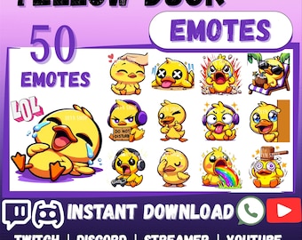 MEGA 50 Emote Emoji Bundle Yellow Duck for Twitch, Discord, Kick, YouTube, Facebook, Whatsapp, etc | Cute Kawaii Chibi Yellow Duck Sticker