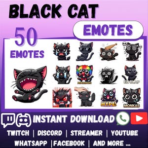 50x Chibi BLACK CAT EMOTES Pack Whatsapp | Twitch | Discord | YouTube | Streaming | Cute Kawaii Chibi Cartoon Black Cat Emoji Emote Sticker