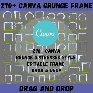 Puede incluir: Una colección digital de más de 270 marcos grunge de Canva con varias formas y contornos blancos desgastados sobre un fondo gris. El gráfico incluye el texto 270+ CANVA GRUNGE FRAME, 270+ CANVA GRUNGE DISTRESSED STYLE EDITABLE FRAME DRAG & DROP y DRAG AND DROP.
