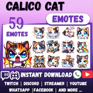 59x Chibi CALICO CAT EMOTE Pack Whatsapp | Twitch | Discord | YouTube | Streaming | Cute Kawaii Chibi Cartoon Calico Cat Emoji Emote Sticker