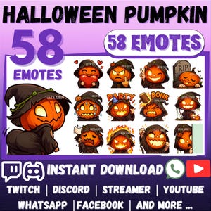 Puede incluir: Gráfico digital con 58 emoticonos de calabazas de Halloween. Las calabazas tienen varias expresiones y llevan sombreros de bruja. El texto incluye "Halloween Pumpkin", "58 Emotes" y "Instant Download". También hay iconos de redes sociales.