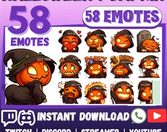 MEGA 58 Emote Emoji Bundle Halloween Pumpkin for Twitch, Discord, Kick, YouTube, Facebook, Whatsapp etc| Cute Kawaii Chibi Spooky Sticker