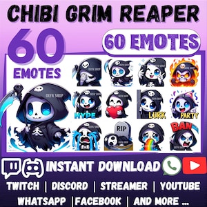 Puede incluir: Un gráfico digital que presenta 60 emotes chibi Grim Reaper con diversas expresiones. Los emotes incluyen texto como "Hype", "Lurk" y "Party". La imagen también presenta iconos de redes sociales y las palabras "Descarga instantánea".