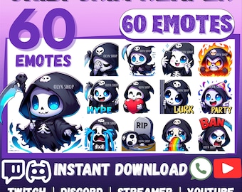 MEGA 60 Emote Emoji Bundle Chibi Grim Reaper for Twitch, Discord, Kick, YouTube, Facebook, Whatsapp etc| Cute Kawaii Chibi Skeleton Sticker