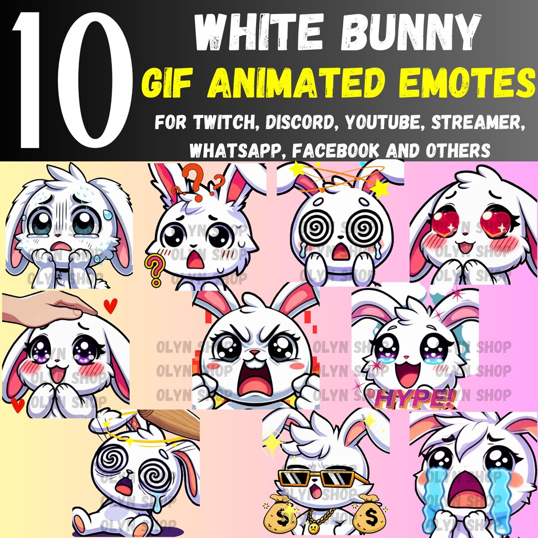 10x WHITE BUNNY ANIMATED Gif Emotes Pack Whatsapp Twitch