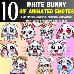 10x WHITE BUNNY ANIMATED Gif Emotes Pack Whatsapp | Twitch | Discord | YouTube | Facebook | Cute Chibi Cartoon Bunny Emoji Emote Sticker