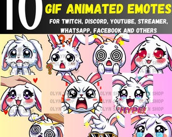 10x WHITE BUNNY ANIMATED Gif Emotes Pack Whatsapp | Twitch | Discord | YouTube | Facebook | Cute Chibi Cartoon Bunny Emoji Emote Sticker