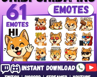 Paquete de 61 emojis de Shiba Inu para WhatsApp, Twitch, Discord, YouTube y Facebook. Lindo paquete de stickers de Doge Chat de Cheems, Chibi Kawaii.