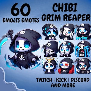 Könnte beinhalten: Eine Sammlung von 60 Chibi-Grim-Reaper-Emojis und -Emotes, die ein Skelett in einer schwarzen Kapuzenrobe mit leuchtend blauen Augen zeigen. Das Set enthält verschiedene Ausdrücke und Posen, mit dem Text 60 CHIBI GRIM REAPER EMOJIS EMOTES TWITCH KICK DISCORD AND MORE.