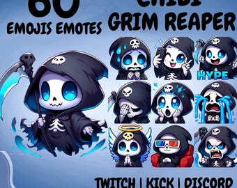 Puede incluir: Una colección de 60 emojis y emotes chibi de la Parca con un esqueleto en una túnica negra con capucha y ojos azules brillantes. El conjunto incluye varias expresiones y poses, con el texto 60 CHIBI GRIM REAPER EMOJIS EMOTES TWITCH KICK DISCORD AND MORE.