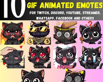 10x BLACK CAT ANIMATED Gif Emotes Emoji Pack Whatsapp | Twitch | Discord | YouTube | Facebook | Cute Chibi Cartoon Black Cat Kitty Sticker