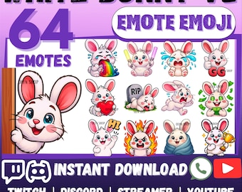 MEGA 64 Emote Emoji Bundle White BUNNY Whatsapp | Twitch | Discord | YouTube | Facebook | Cute Kawaii Chibi bunny rabbit Sticker Pack