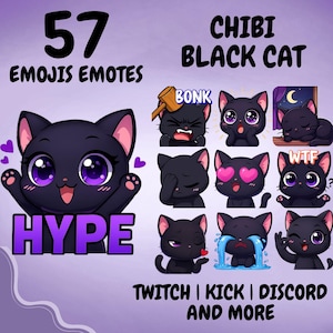 Può includere: Una collezione digitale di 57 emoji ed emote di gatto nero chibi per Twitch, Kick e Discord. Le grafiche mostrano un gatto nero con grandi occhi viola in varie espressioni, tra cui hype, bonk, pianto e occhi a cuore, con etichette di testo.