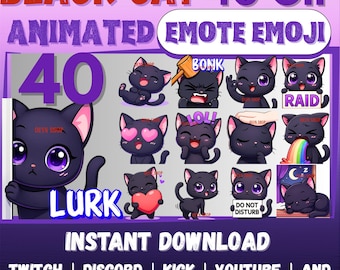 MEGA 40 Animated GIF Emote Emoji Bundle Black Cat for Twitch, Discord, Kick, YouTube, etc | Cute Kawaii Chibi Adorable Cat chat Sticker