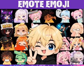 May include: A collection of custom animated GIF emotes and emojis featuring various anime-style characters with diverse expressions and poses. The text CUSTOM GIF ANIMATED EMOTE EMOJI and INSTANT DOWNLOAD TWITCH DISCORD KICK AND MORE is visible.