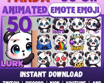 MEGA 50 Animated GIF Emote Emoji Bundle White Panda for Twitch, Discord, Kick, YouTube, etc | Kawaii Chibi Adorable GIF chat Sticker