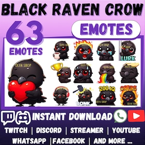 MEGA 63 Emote Emoji Bundle Chibi Black Raven - Crow Emote Emoji for Twitch, Discord, Kick, YouTube, Facebook, Whatsapp, etc | Cute Sticker