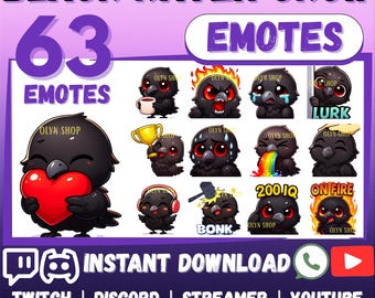 MEGA 63 Emote Emoji Bundle Chibi Black Raven - Crow Emote Emoji for Twitch, Discord, Kick, YouTube, Facebook, Whatsapp, etc | Cute Sticker