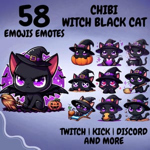 Può includere: Una collezione digitale di 58 emoji ed emote di gatto nero stregone chibi per Twitch, Kick e Discord. Le grafiche mostrano un gatto nero con grandi occhi viola e un cappello da stregone con bordo viola, in varie pose con zucche e scope.