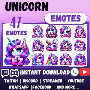 May include: A digital graphic showcasing 47 unicorn emotes in pink, blue, and purple. The emotes have different expressions and text bubbles. Text includes "UNICORN," "EMOTES," and "INSTANT DOWNLOAD." Ideal for streamers and content creators.