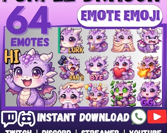 MEGA 64 Emote Emoji Bundle Cute PURPLE DRAGON for Twitch, Discord, Kick, YouTube, Youtube, Whatsapp, etc | Cute Kawaii Cartoon Sticker