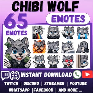 May include: A digital download graphic featuring 65 chibi wolf emotes. The emotes showcase various expressions, including happy, sad, and angry. The image includes the text "CHIBI WOLF" and "EMOTES", along with social media platform logos and the words "INSTANT DOWNLOAD".