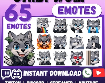MEGA 65 Emote Emoji Bundle Chibi WOLF with jacket for Twitch, Discord, Kick, YouTube, Facebook, Whatsapp, etc | Cool Biker Wolf chat Sticker