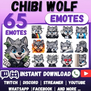 Könnte beinhalten: Eine digitale Sammlung von 65 Chibi-Wolf-Emotes mit einem grauen Wolfscharakter in einer schwarzen Lederjacke, der verschiedene Emotionen wie Freude, Traurigkeit, Wut und Schläfrigkeit ausdrückt. Die Grafik enthält den Text CHIBI WOLF 65 EMOTES.