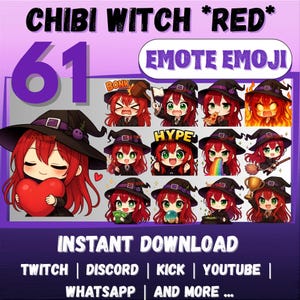 Puede incluir: Gráfico de descarga digital con 61 emojis de brujas chibi con cabello rojo y varias expresiones. Los emojis llevan sombreros de bruja negros y están diseñados para usarse en plataformas como Twitch, Discord y YouTube. El texto incluye "CHIBI WITCH *RED*" y "EMOTE EMOJI."