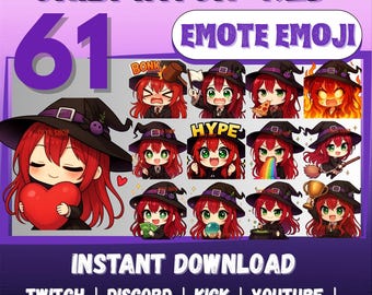 MEGA 61 Emote Emoji Bundle CHIBI Witch for Twitch, Discord, Kick, YouTube, Facebook, Whatsapp, etc | Cute Kawaii Adorable Red Witch Sticker