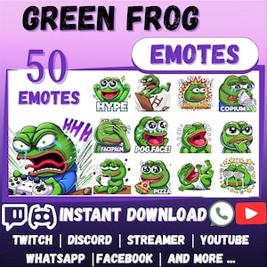 50x Meme Frog EMOTES Pack Whatsapp | Twitch | Discord | YouTube | Streaming | Cute Kawaii Chibi Cartoon Black Cat Emoji Emote Sticker