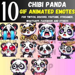 Paquete de 10 emojis animados de panda chibi para WhatsApp, Twitch, Discord, YouTube y streaming.