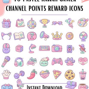 Op de afbeelding: Een verzameling van 40 pastelkleurige digitale iconen met schattige gezichtjes, waaronder een cadeau, discobal, trofee, kroon, toetsenbord, camera, gamecontroller en etenswaren, met de tekst 40 PASTEL KAWAII GAMER CHANNEL POINTS REWARD ICONS.