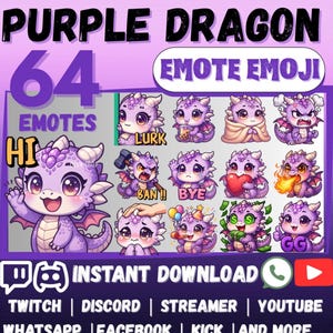 Peut inclure: Une collection numérique de 64 émoticônes de dragon violet avec diverses expressions et actions. Le texte inclut PURPLE DRAGON, EMOTE EMOJI, 64 EMOTES, HI, LURK, BAN, BYE, GG, INSTANT DOWNLOAD, TWITCH, DISCORD, STREAMER, YOUTUBE, WHATSAPP, FACEBOOK, KICK.