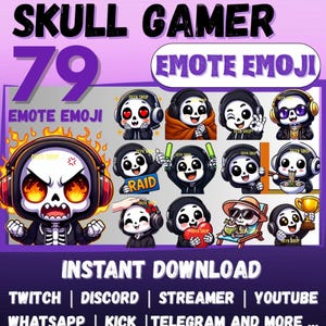 Puede incluir: Una colección digital de 79 emojis de emote Skull Gamer que presenta un personaje esqueleto de dibujos animados con auriculares en varias poses y expresiones, incluyendo jugar, comer y relajarse, con el texto SKULL GAMER EMOTE EMOJI.