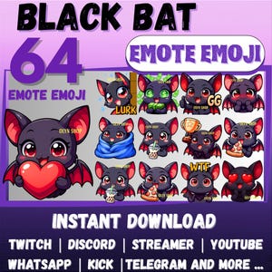 MEGA 64 Emote Emoji Bundle Chibi Black Bat for Twitch, Discord, Kick, YouTube, Facebook, Whatsapp, etc | Cute Kawaii Vampire Sticker