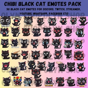 50x Chibi BLACK CAT EMOTES Pack Whatsapp | Twitch | Discord | YouTube | Streaming | Cute Kawaii Chibi Cartoon Black Cat Emoji Emote Sticker
