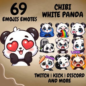 May include: A digital collection of 69 chibi white panda emojis and emotes for Twitch, Kick, and Discord. The set features various panda expressions including heart eyes, crying rainbows, angry faces, and a panda behind a tombstone labeled RIP.