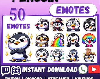 MEGA 50 Emote Emoji Bundle PENGUIN for Twitch, Discord, Kick, YouTube, Facebook, Whatsapp, etc | Kawaii Chibi Penguin Pinguin chat Sticker