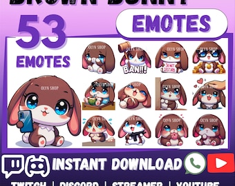 MEGA 53 Emote Emoji Bundle Brown BUNNY for Whatsapp | Twitch | Discord | YouTube | Facebook | Cute Kawaii Chibi bunny rabbit chat Sticker